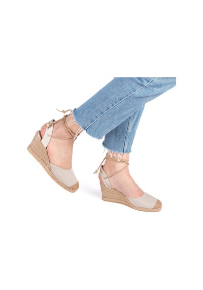 Star Tombis Gerçek Elişi Bilekten Bağcıklı Topuğu Açık Dolgu Topuk Keten Hasır Kadın Espadril Handmade Bej