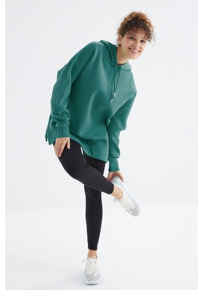 Tommy Life Deniz Yeşili Reglan Kol Basic Kapüşonlu Oversize Sweatshirt Tunik - 97242 Yeşil
