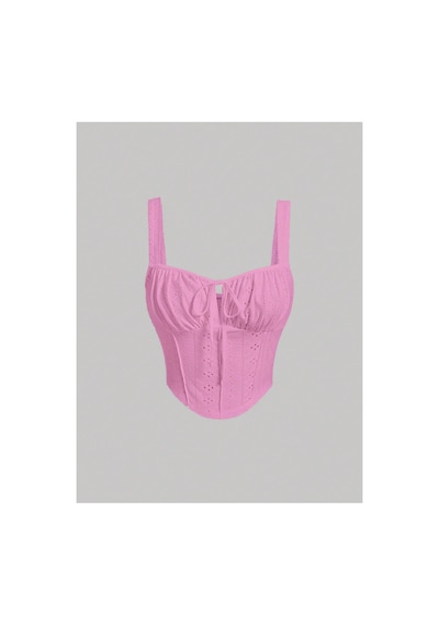 Meren Like Your Style Pembe Nakış Desenli Göğüs Dekolteli Geniş Askılı Üst Crop Pembe
