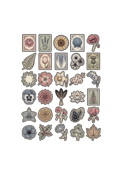 30 Adet Vintage Çiçekli Posta Pulu Sticker Seti - Laptop Ajanda Scrapbook İçin Çok Renkli