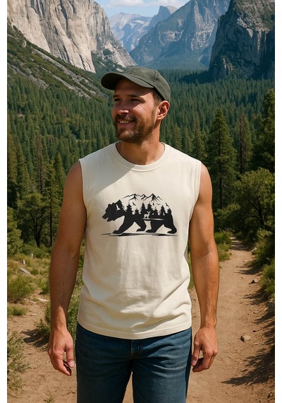 Markapia Man Erkek %100 Pamuk Bisiklet Yaka Bear Baskılı Kolsuz T-shirt Ekru