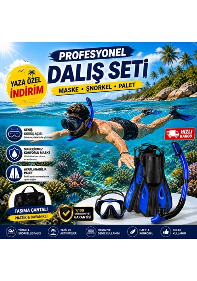 Hymark Full Dalış Seti S-m Beden Maske Şnorkel Palet Ayarlanabilir Profesyonel Deniz Seti Taşıma Çantalı Mavi - Siyah