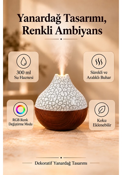 Hava Nemlendirici Buhar Makinası Led Işık Volkanik Alev Bambu Şık Tasarım
