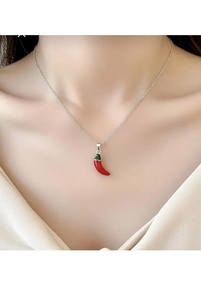 Kadın & Erkek Şık Tasarım Çelik Kırmızı Chili Biber Figürlü Takı Minimalist Şans Kolye Gümüş