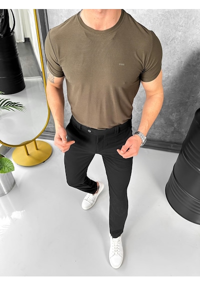 Modefendi Yüksek Kalite Slimfit Merserize Kumaş Bisiklet Yaka Tshirt Haki