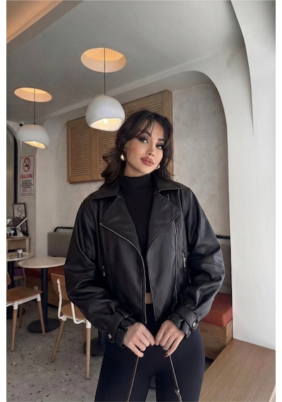 Laleli Butik Kadın Siyah Oversize Deri Ceket Siyahh Siyahh