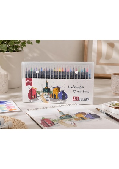 24 Renk Sulu Boya Fırça Kalemi Seti Watercolor Brush Pens, Su Hazneli Fırça Kalemli