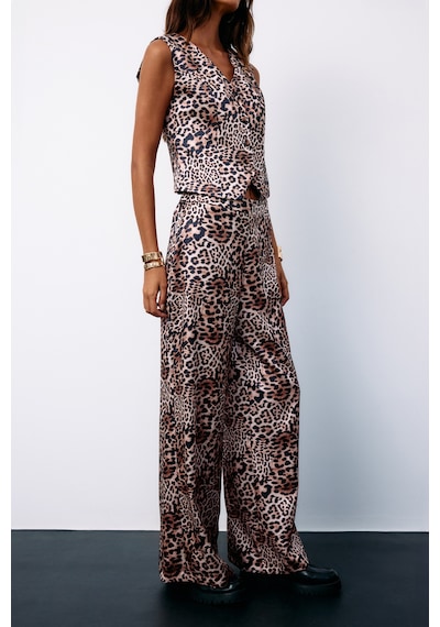 Sateen Leopar Desenli Saten Pantolon - Vizon-135184 Vizon
