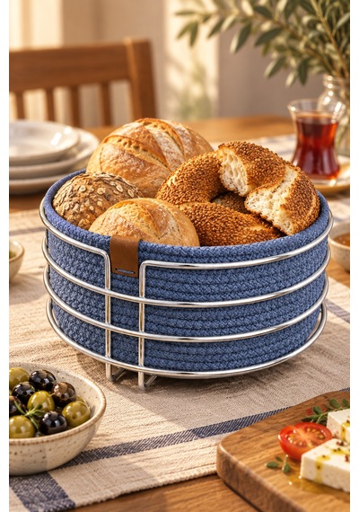 Parlak Silver Yuvarlak Ekmek Sepeti, Ekmeklik Sunum Sepeti, Turkuaz Makrome Çok Amaçlı Paslanmaz Metal Çok Renkli