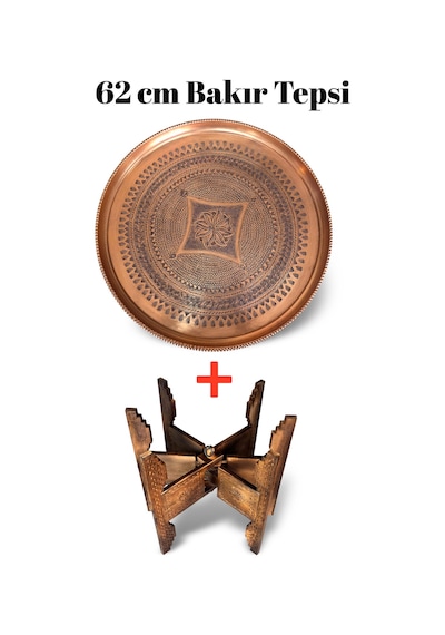 62 Cm El İşlemeli Otantik Desenli Kalın Urfa Bakır Tepsi + Katlanabilir Sehpa - Bakır-tps500 Antik Bakır