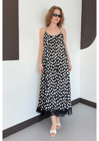Verymoda D 3069 Dantel Detaylı Puantiyeli Plise Elbise D3069 Siyah