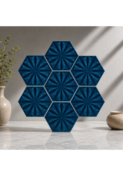 Armada Çini 15x17 Cm Çiçekli Petrol Mavisi Altıgen Seramik
