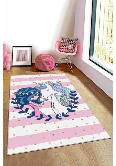 Pembe Kaymaz Tabanlı Unicorn Prensesli Çocuk Halısı Ar782n11