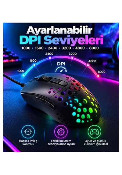 8000 Dpı Kablolu Oyuncu Mouse 6 Tuşlu Renkli Aydınlatmalı Usb Gaming Mouse Delikli 001