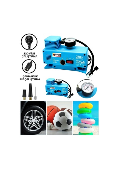 Ers 220 Volt-12 Volt 250 Psi Geniş Uygulama Yelpazesi Kompresör Lastik Hava Şişirme Oto Pompası