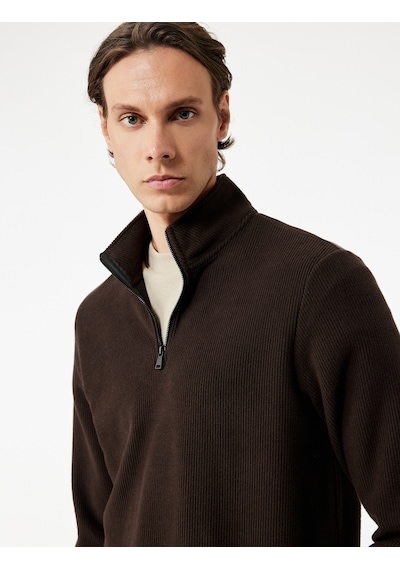 Koton Uzun Kollu Ribanalı Yarım Fermuarlı Sweatshirt Kahverengi 6wam70096mk Kahve