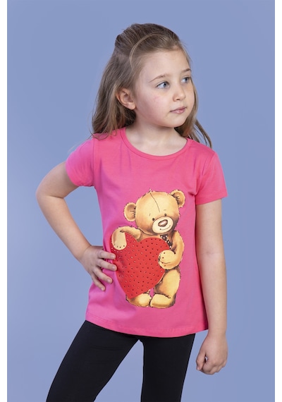 Toontoy Kids Toontoy Kız Çocuk Kalpli Ayıcık Baskılı Taş İşlemeli Tişört Fuşya