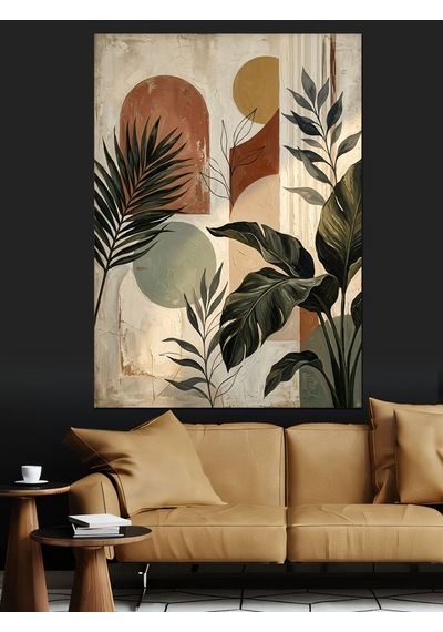 Pastel Tonlarda Modern Bitki Kolajı Dekoratif Kanvas - Mdf Ahşap Tablo