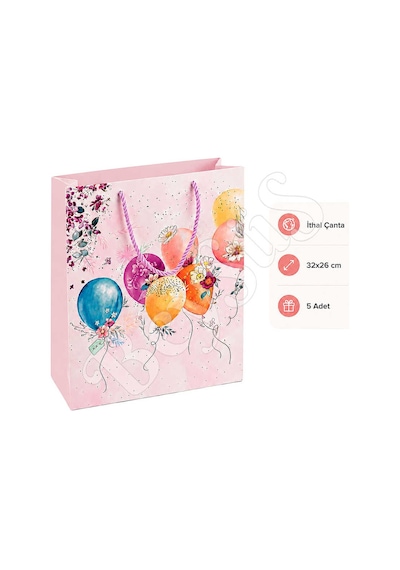 32x26 Cm İthal Çiçekli Balonlu Hediyelik Kağıt Çanta Pembe 5 Adet Tüm Yaşlar