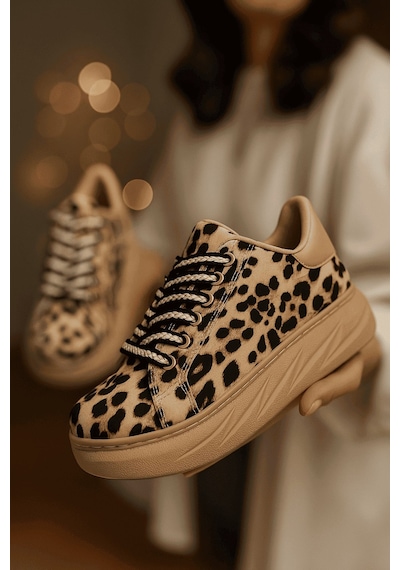 Günlük Kadın Sneaker Leopar Desenli Bağcıklı Oval Burun Yüksek Kalın Topuklu Spor Ayakkabı 313 Açık Leopar