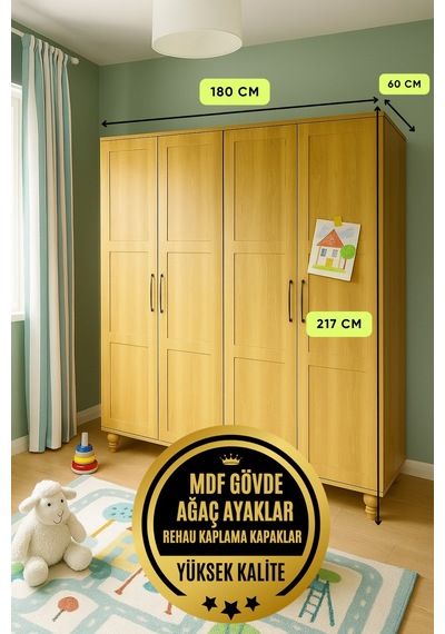 Alin Wood 4 Kapaklı Dolap Riviera Renk Mdf Gürgen Ağacı Ayaklı Diğer