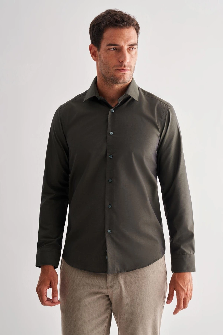 İmza Haki Sert Yaka Filafil Desen Uzun Kol Slim Fit Pamuklu Gömlek 1004255181 Haki