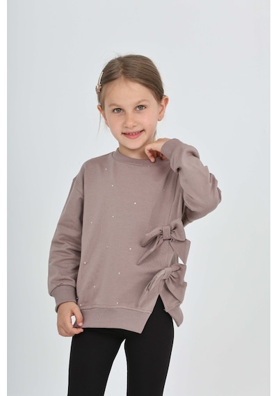 Toontoy Kız Çocuk Taşlı Fiyonklu Sweatshirt Koyu Kahverengi