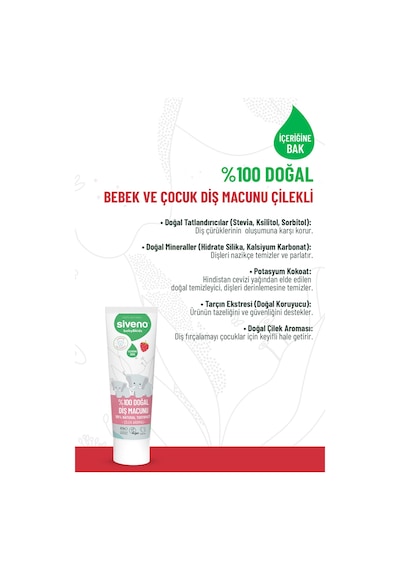 Siveno %100 Doğal Diş Macunu Bebek Ve Çocuk İçin Çilekli Aromalı Florürsüz 50 Ml