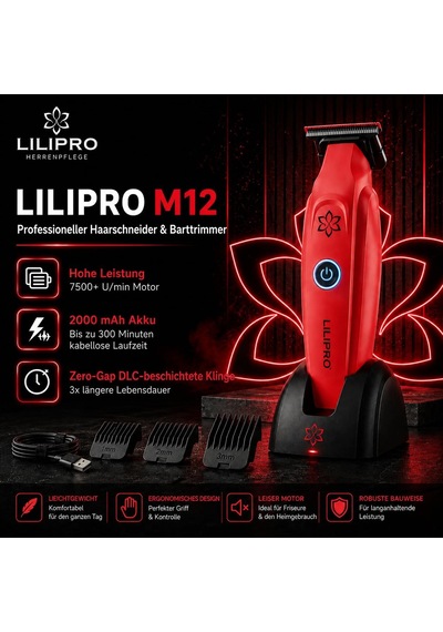 M12 Profesyonel Saç Sakal Kesme Ve Tıraş Makinesi Şarjlı Kablosuz Ense Çizim Makinesi Zero-gap Dlc T-bıçak 7500 Rpm Usb-c 2000 Mah Berber & Ev Tipi Kırmızı