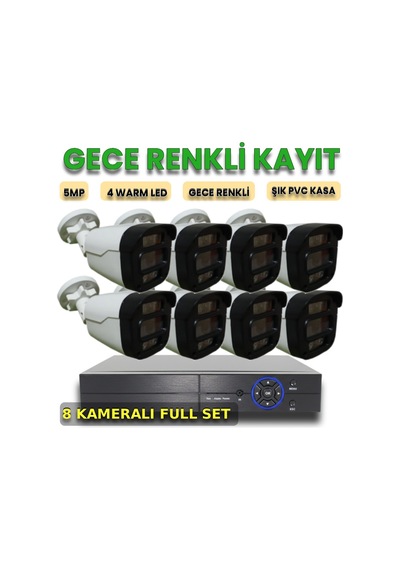 8 Kameralı Insan Araç Yüz Algılayan Gece Renkli Gösteren Güvenlik Kamera Seti