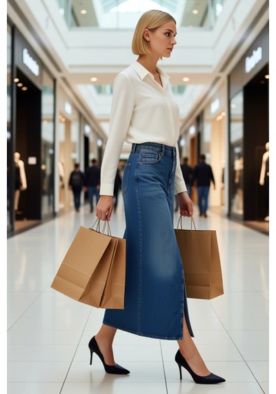Benerly Kadın Denim Kalem Maxi Etek Yırtmaçlı Fonksiyonel Dayanıklı Kalit Mavi