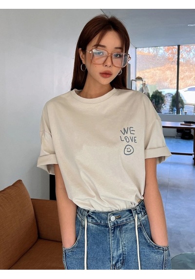 Flood Of Style Kadın Bej Love Love Love Baskılı Oversize T-shirt