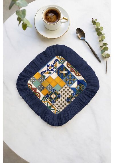 Akdeniz Patchwork Püsküllü Sunum Peçetesi - İtalyan Mozaik Bohem Lacivert Bardak Altlığı Mendil Çok Renkli