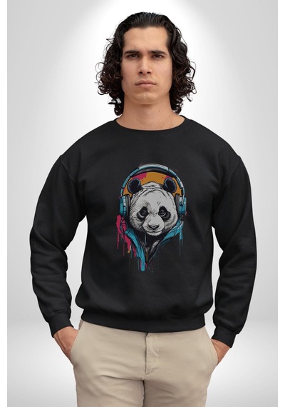 Kulaklık Ayı Panda Unisex Siyah Baskılı Sweatshirt Siyah
