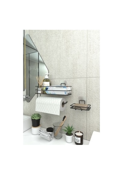 Metal Sabunluk Ve Kağıt Havlu Tutacağı İle Banyo Rafı Seti Açık Kahverengi