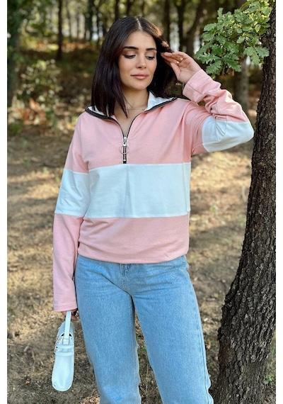 WeShaya Kadın Pembe Uzun Kol, Dik Yaka, Fermuarlı, Double Color Block Basic Sweatshirt Bluz Pembe