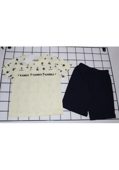 Beyzababykids %100 Pamuk Erkek Çocuk Tshirt Şort Ikili Takım Krem - Lacivert
