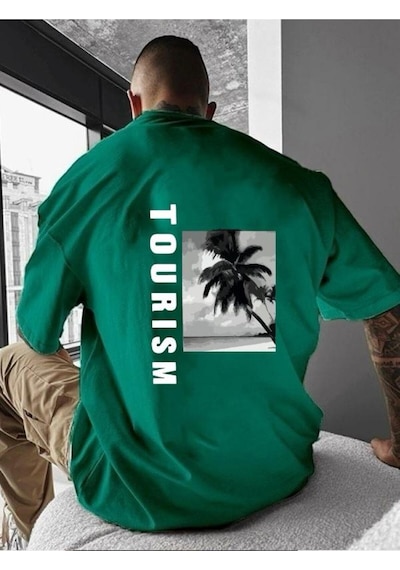 Tourısm Baskılı Oversize Tişört Yeşil