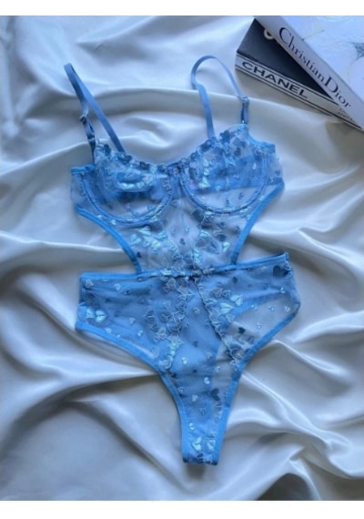 Arona Kadın Transparan Çiçek Desenli Tül Mavi Bodysuit Kalp Desenli Mavi