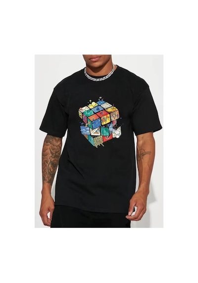 Kübik İllüstrasyon Tasarım Baskılı Kompact T-shirt Siyah