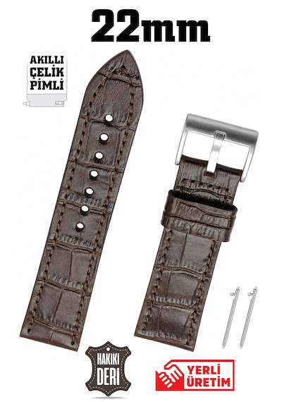 22mm Koyu Kahverengi Kroko Spor Hakiki Deri Saat Kordonu Kayış Akıllı Pimli Chr118822