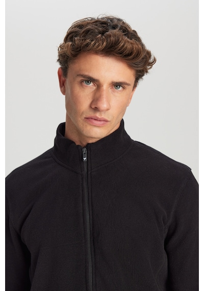 AC&Co / Altınyıldız Classics Erkek Sıyah Anti-pilling Tüylenme Yapmayan Standart Fit Bato Yaka Sweatshirt Polar Ceket Siyah