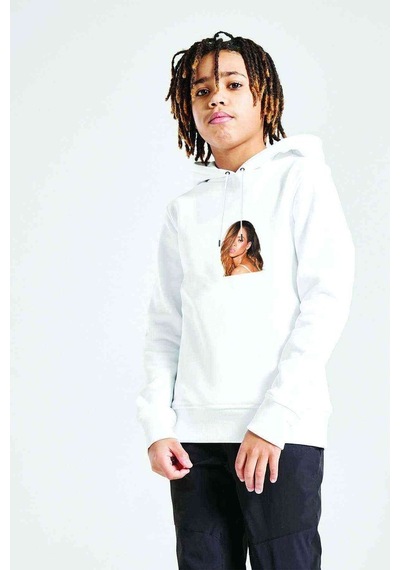 Tshirthane Rihanna 4K Müzik Baskılı Unisex Çocuk Kapüşonlu Beyaz Sweatshirt Beyaz