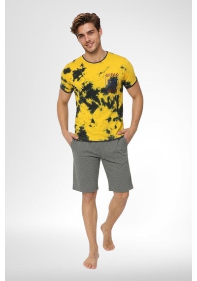 Mecit Pijama Mecit 4001 Erkek Pamuklu Sarı Batik Desenli Şortlu Pijama Takımı