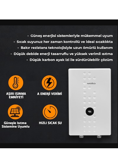 Veito Speed E9 Dokunmatik Dijital Ekranlı Ani Su Isıtıcısı Şofben - 9 Kw Güçlü Isıtma, Ip25 Su Geçirmezlik Tasarımlı Şofben Elektirikli Şofben Montaj Dahil Değildir.