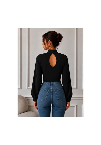 Wild Flower Kadın Dik Yaka Drapeli Crop Bluz Siyah Siyah