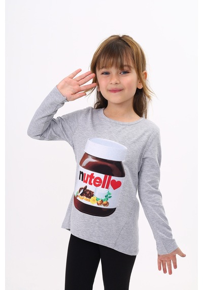 Toontoy Kids Toontoy Kız Çocuk Nutella Baskılı T-shirt Gri Melanj