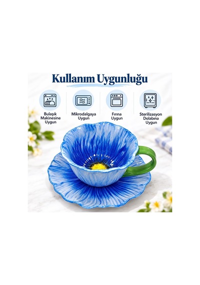 Tr Gelincik Serisi Çiçek Tasarımlı Fincan Ve Tabak Seti 350 Ml Dekoratif Kahve Çay Fincanı Mavi Diğer