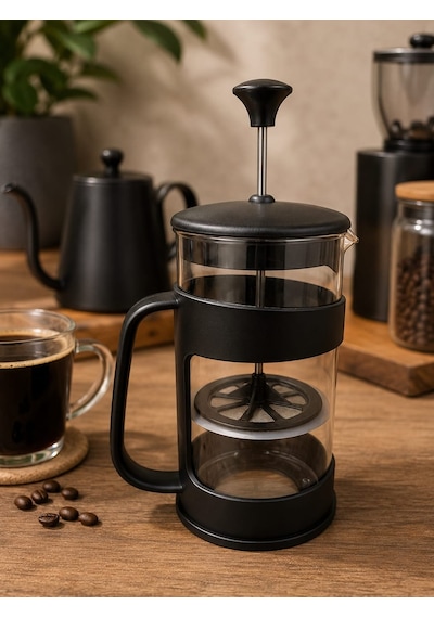 Barista French Press 400 Ml Plastik Kafesli Mika Kristal Hazneli Bitki Ve Kahve Süzgeci Siyah
