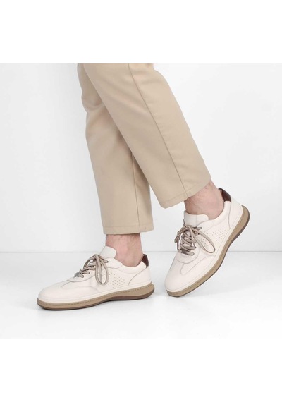 Erkek Bej Bağcıklı Deri Sneaker